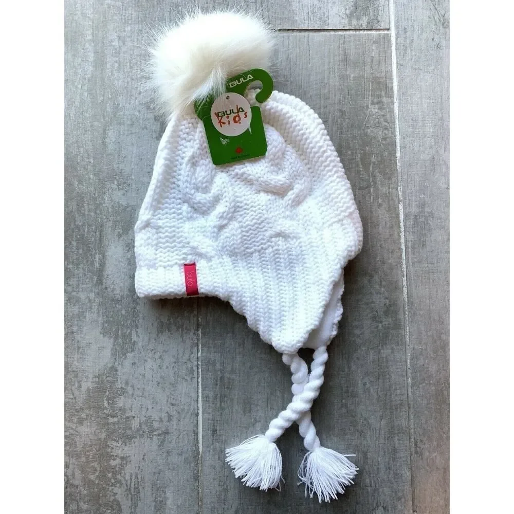 BULA Kids Mika Peruvian White Knit Fleece Lined Hat Pom Pom Beanie NEW Kapmik